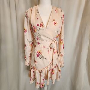 FOREVER 21 Cream & Pink Floral Ruffle V-Neck Wrap Tie Long Sleeve Dress Small